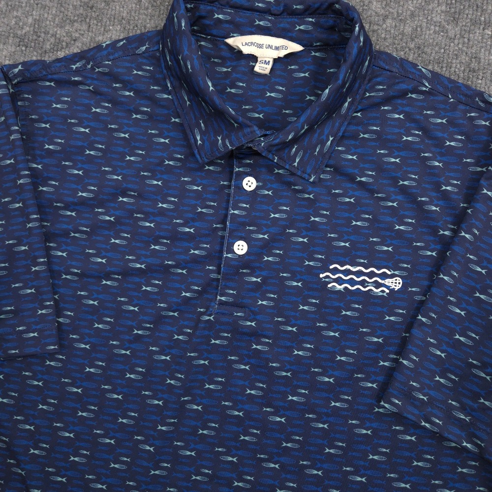 Lacrosse Unlimited Polo Shirt Mens Small Navy Blue Fish Print Performance Golf